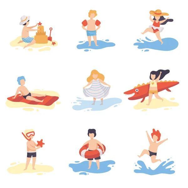 Collection of Cute Kids in Bathing Suits Playing and Having Fun on Beach on Summer Holidays Vector Illustration — Stock Vector