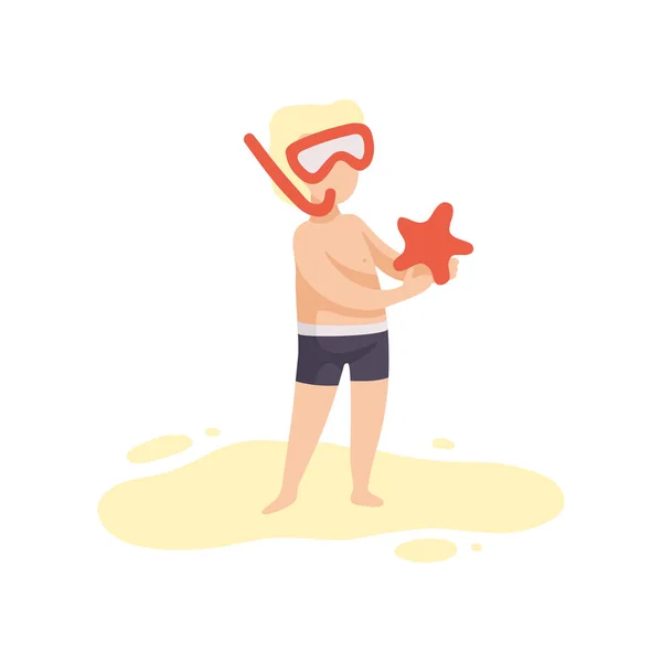 Schattige jongen in duikbril houden zeesterren, Kid plezier op het strand van de zomer vakantie vectorillustratie — Stockvector