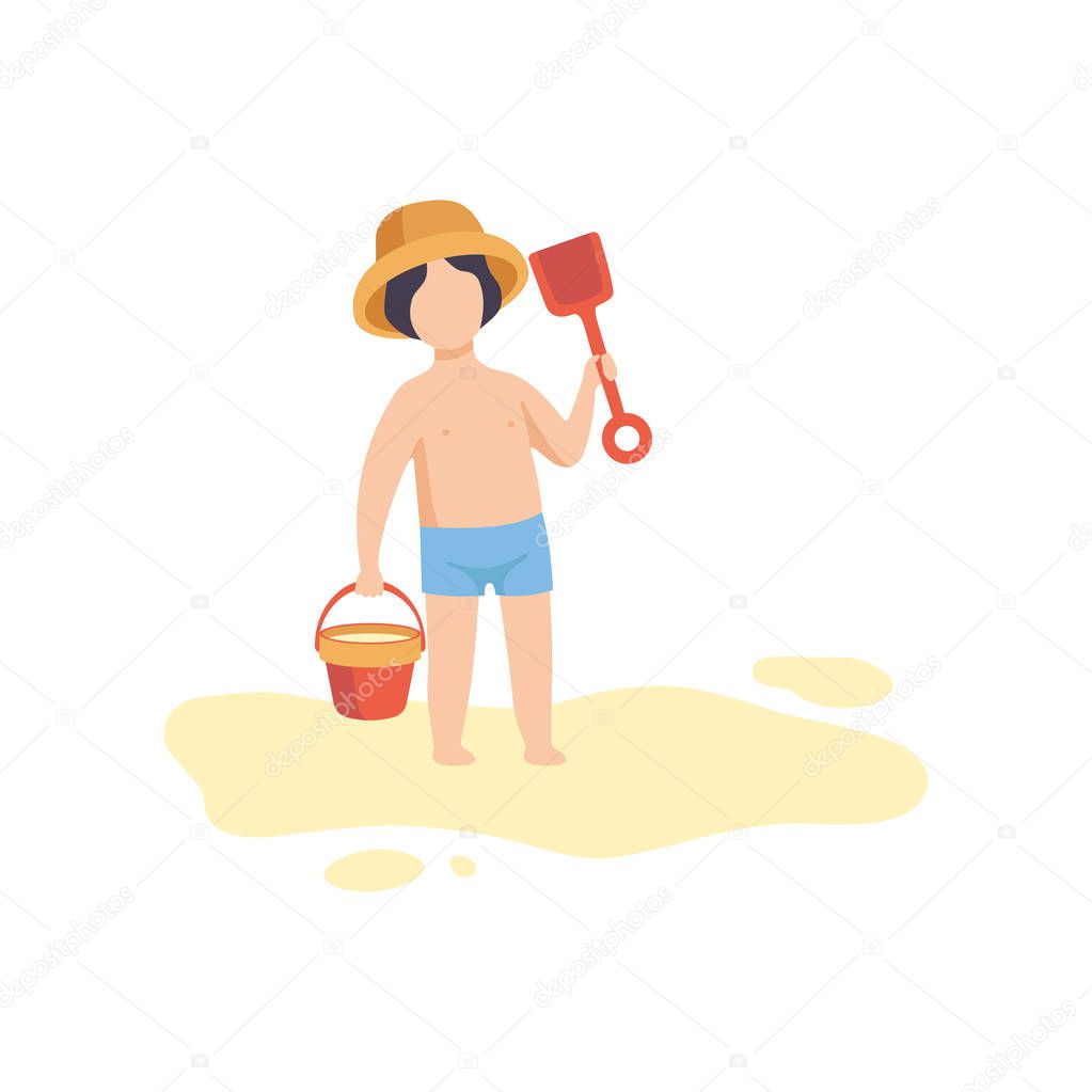 Cute Boy Wearing Hat and Shorts Standing with Bucket and Shovel, Kid Playing on Beach on Summer Holidays Vector Illustration