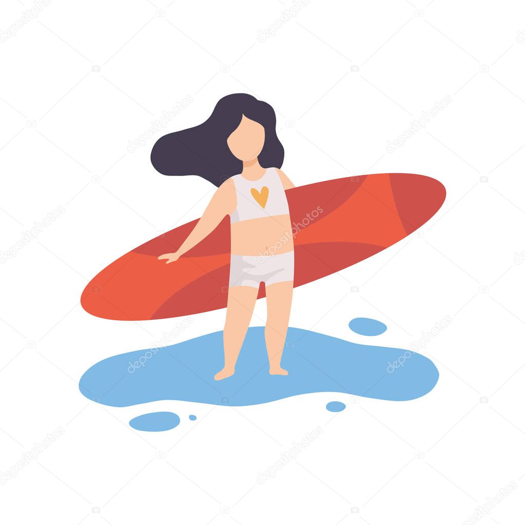 Cute  Girl in Swimsuit Standing with Surfboard on Beach, Kid Going to Surfing Vector Illustration