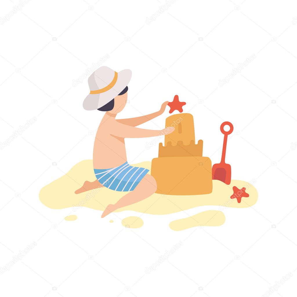 Cute Boy Building Sandcastle, Kid Playing on Beach on Summer Holidays Vector Illustration