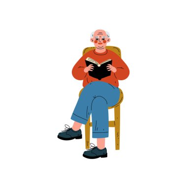 Kitap, komuta sizde günlük aktivite vektör çizim okuma sandalyede oturan yaşlı adam