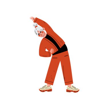 Sabah egzersizleri veya tedavi jimnastik, yaşlı kadın günlük aktivite vektör çizim yapıyor kadın kıdemli