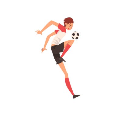 Topu, futbol oyuncu karakteri Tekdüzen vektör çizim tekmeleme profesyonel futbolcu