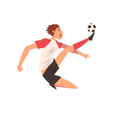 Topu, futbol oyuncu karakteri tek tip eğitim ve futbol vektör çizim pratik tekmeleme profesyonel futbolcu