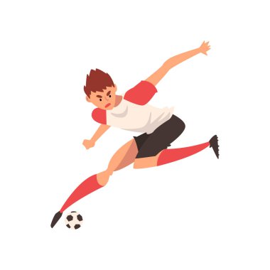 Çalışan ve topu, futbol oyuncu karakteri tek tip eğitim ve futbol vektör çizim beyaz arka plan üzerinde pratik tekmeleme profesyonel futbol oyuncusu.