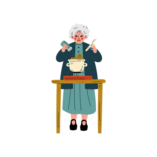 Senior vrouw koken op keuken, Olld Lady dagelijkse activiteit vectorillustratie — Stockvector
