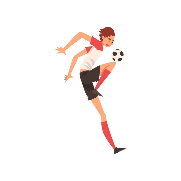 Professionele voetballer schoppen bal, Football speler karakter in uniforme vectorillustratie — Stockvector