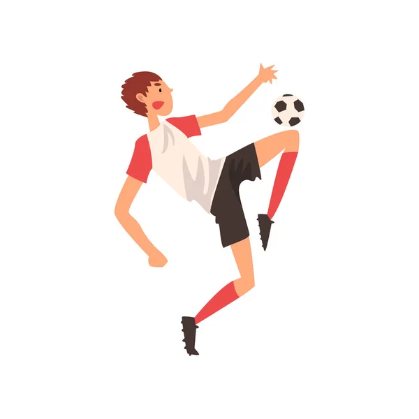 Soccer Player Kicking Ball, Professional Football Player Character in Sports Uniform Vector Illustration