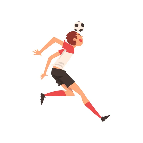 Jugador de fútbol que dispara la bola con la cabeza, carácter del jugador de fútbol en la ilustración uniforme del vector — Vector de stock