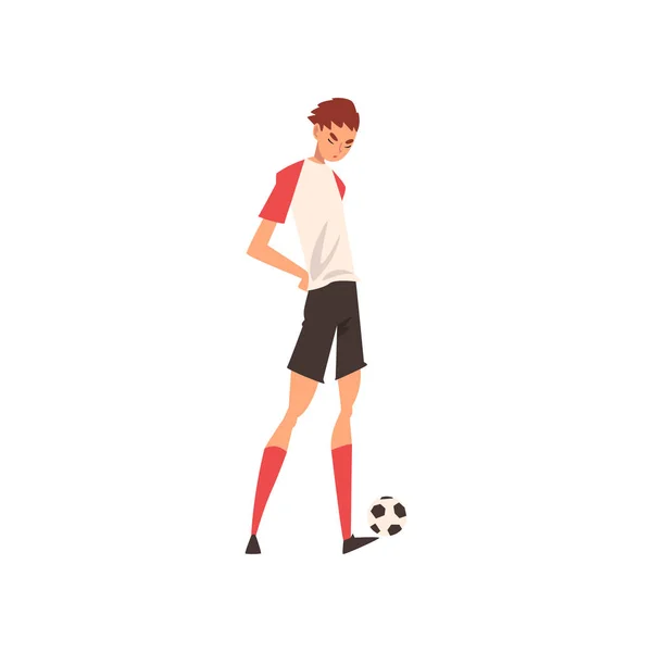 Professional Soccer Player Standing with Ball, Football Player Character in Uniform Training and Practicing Soccer Vector Illustration