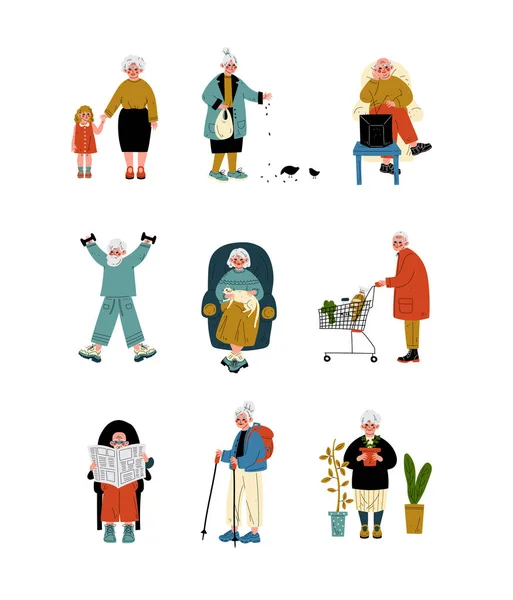 Senior mensen dagelijkse activiteit Set, oudere mannen en vrouwen lezen, reizen, winkelen, sporten doen, zorg planten vectorillustratie — Stockvector