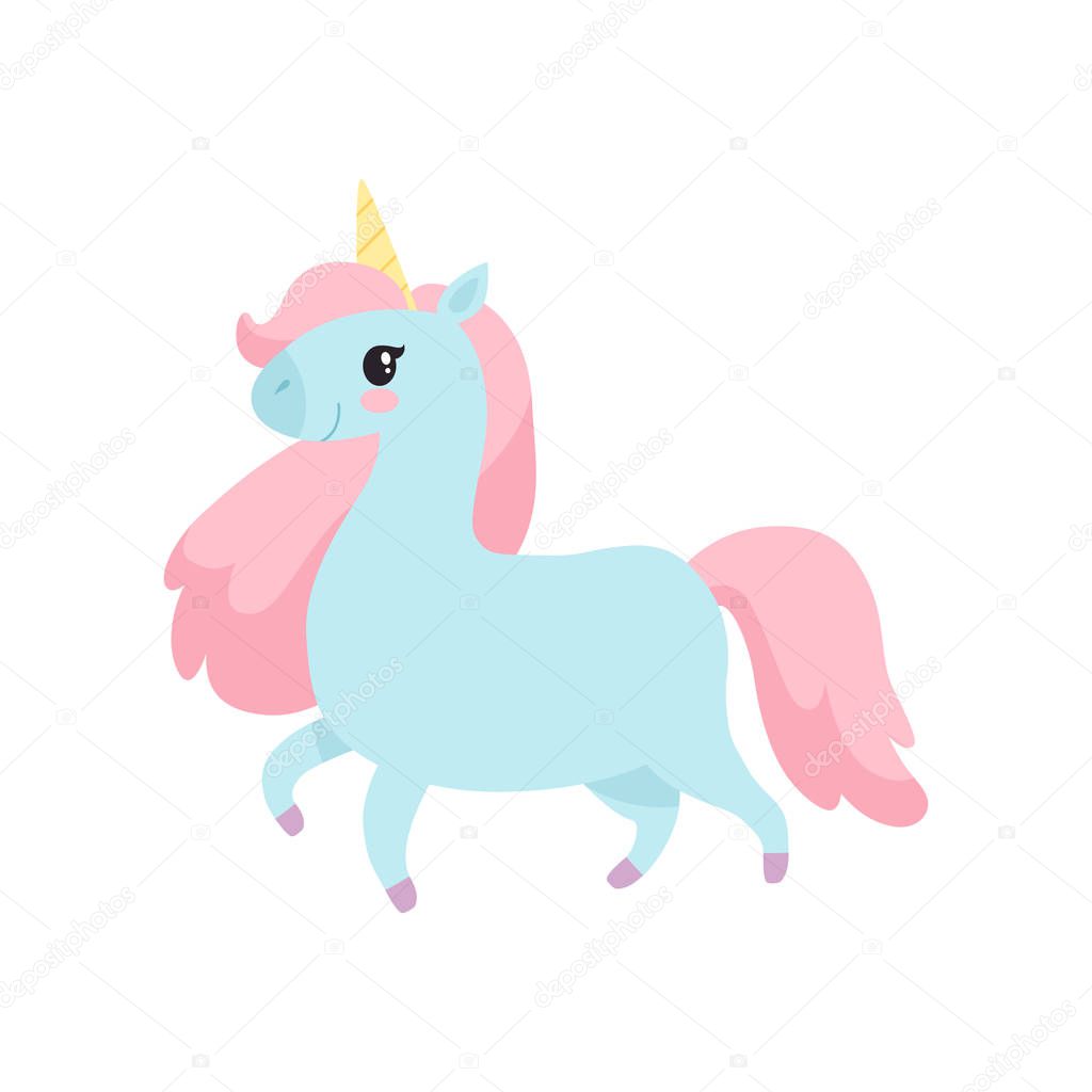Beautiful Unicorn, Cute Magic Light Blue Animal with Pink Mane Vector Illustration