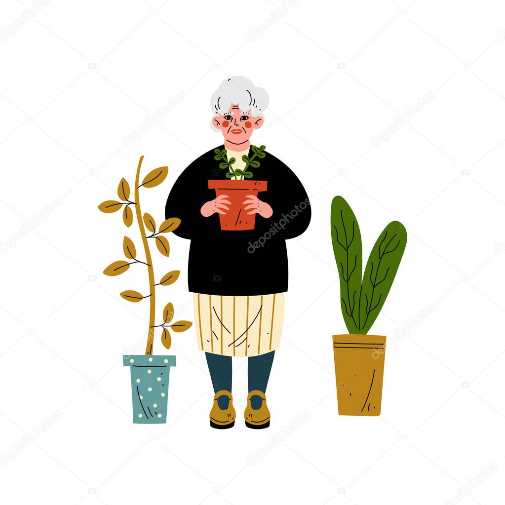 Elderly Woman Caring for Plants, Old Lady Daily Activity Vector Illustration
