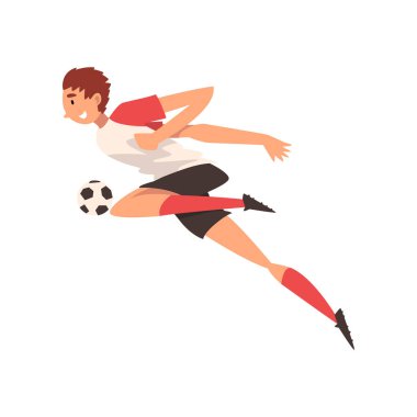 Profesyonel futbol oyuncusu tekme topu, futbol oyuncu karakteri üniformalı, yan görünümü vektör çizim