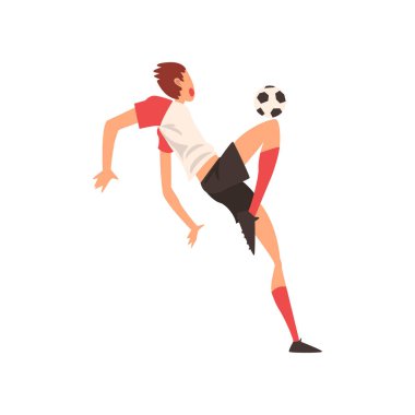 Profesyonel futbol oyuncusu topu, futbol oyuncu karakteri tek tip eğitim ve futbol vektör çizim pratik çekim