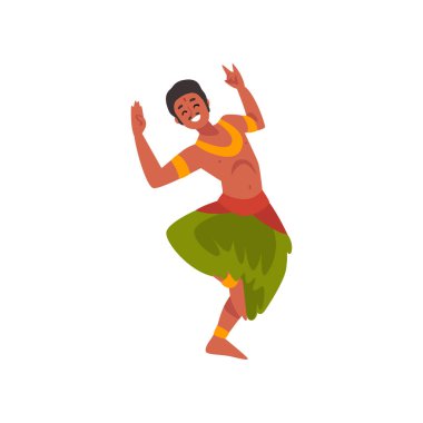 Performans halk dansları, geleneksel giysiler vektör çizim Hintli dansçı karakter gülümseyen genç adam