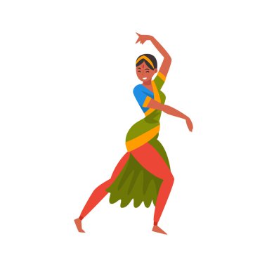Genç kadın halk dansları, geleneksel giysiler vektör çizim içinde Hintli dansçı gerçekleştirme