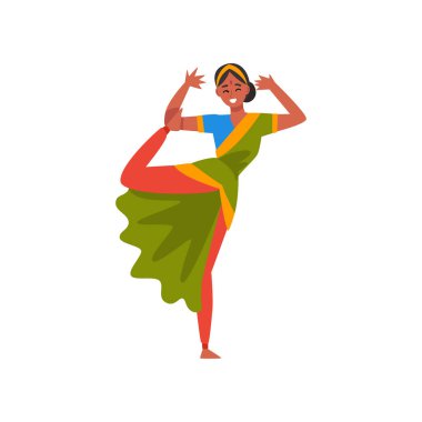 Hintli dansçı geleneksel sari, güzel genç kadın dans vektör çizim yapmak