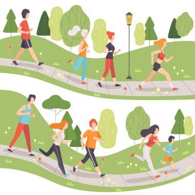 Park Set, genç erkek ve kadınların fiziksel aktiviteler açık havada yapmaya çalışan insanlar, sağlıklı yaşam ve Fitness illüstrasyon vektör