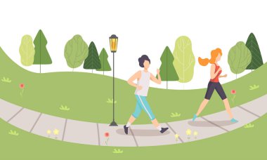 Adam ve kadın çift, koşu Park'ta çalışan vektör insanlar fiziksel aktiviteler açık havada, sağlıklı yaşam ve Fitness illüstrasyon