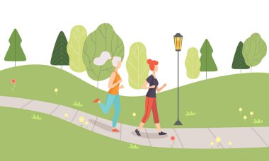 Parkta koşu çalışan genç kadın, fiziksel aktiviteler açık havada, yapıyor kızlar sağlıklı yaşam ve Fitness illüstrasyon vektör
