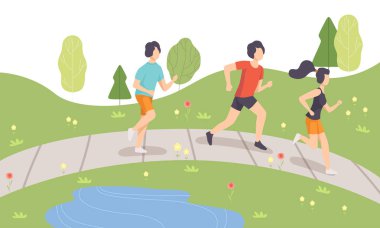 Sabah parkta çalışan insanlar, fiziksel aktiviteler açık havada, sağlıklı yaşam ve Fitness illüstrasyon vektör