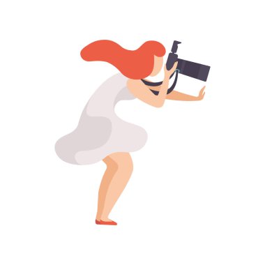 Güzel kadın kadın fotoğrafçı karakter vektör çizim efendim kamera ile fotoğraf çekme