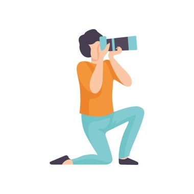 Resim vektör çizim yapma erkek profesyonel fotoğrafçı karakteri Modern dijital kamera ile fotoğraf çekmek adam