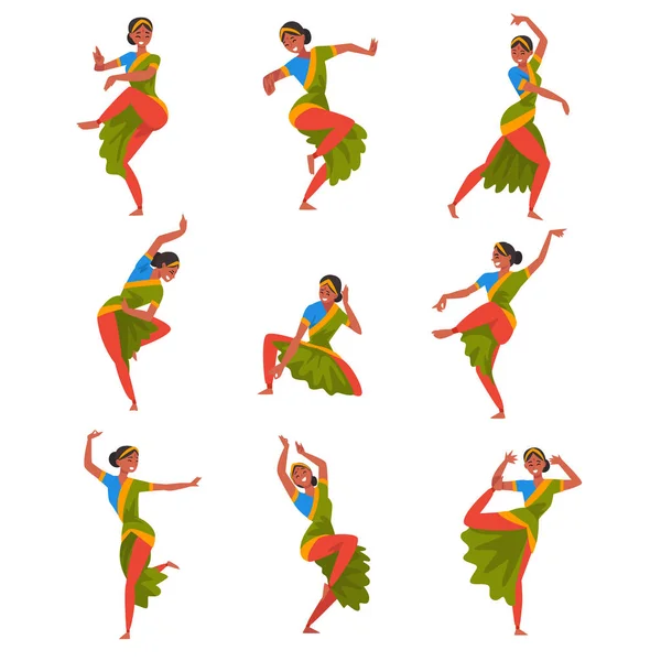 Jovem Realizando Conjunto de Dança Folclórica, Sorrindo Dançarino Indiano Personagem Dançando em Roupas Tradicionais Vector Ilustração — Vetor de Stock