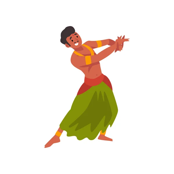 Sorrindo jovem indiano realizando dança popular em roupas tradicionais Vector Ilustração — Vetor de Stock