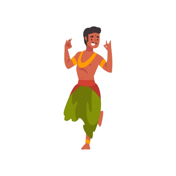 Bailarín indio en ropa tradicional, joven sonriente realizando danza folclórica Vector ilustración — Vector de stock