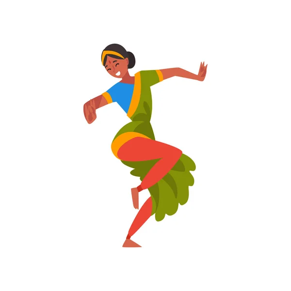 Dançarina Indiana Feminina em Roupas Tradicionais, Jovem Mulher Sorrindo Interpretando a Ilustração do Vetor de Dança Popular — Vetor de Stock