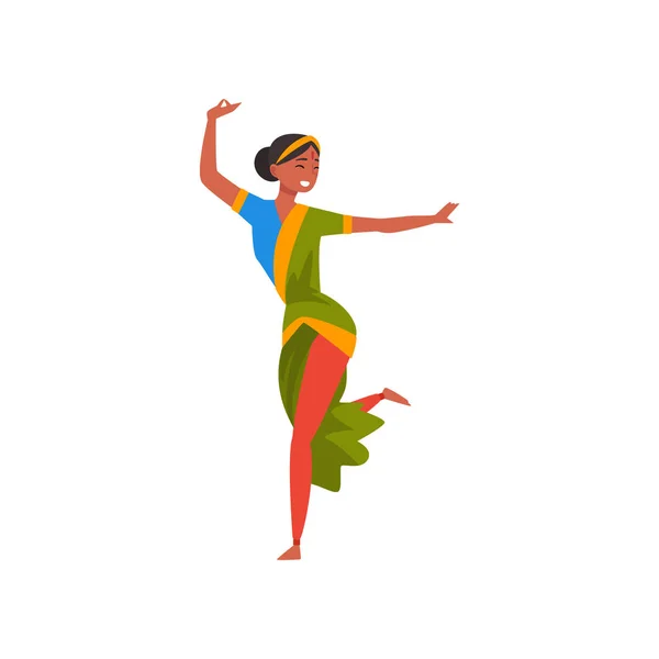 Dançarina indiana em Sari tradicional verde, bela sorridente jovem mulher realizando dança popular Vector Ilustração — Vetor de Stock