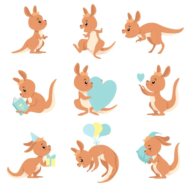 Ensemble de kangourou bébé mignon, personnage animal australien Wallaby brun dans différentes situations Illustration vectorielle — Image vectorielle