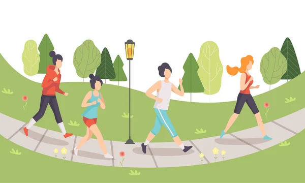Muži a ženy běh v parku, lidé dělají pohybových aktivit venku, zdravého životního stylu a Fitness vektorové ilustrace — Stockový vektor