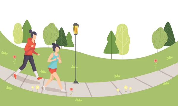 两个女孩在公园跑步, 年轻妇女做体育活动户外, 健康的生活方式和健身矢量插图 — 图库矢量图片