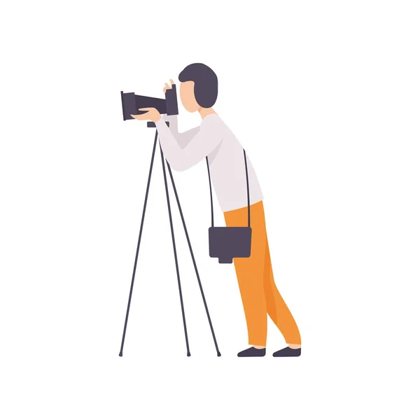 Male Photographer Taking Photo Using Professional Equipment, Cameraman Character Making Picture Vector Illustration — Stock Vector