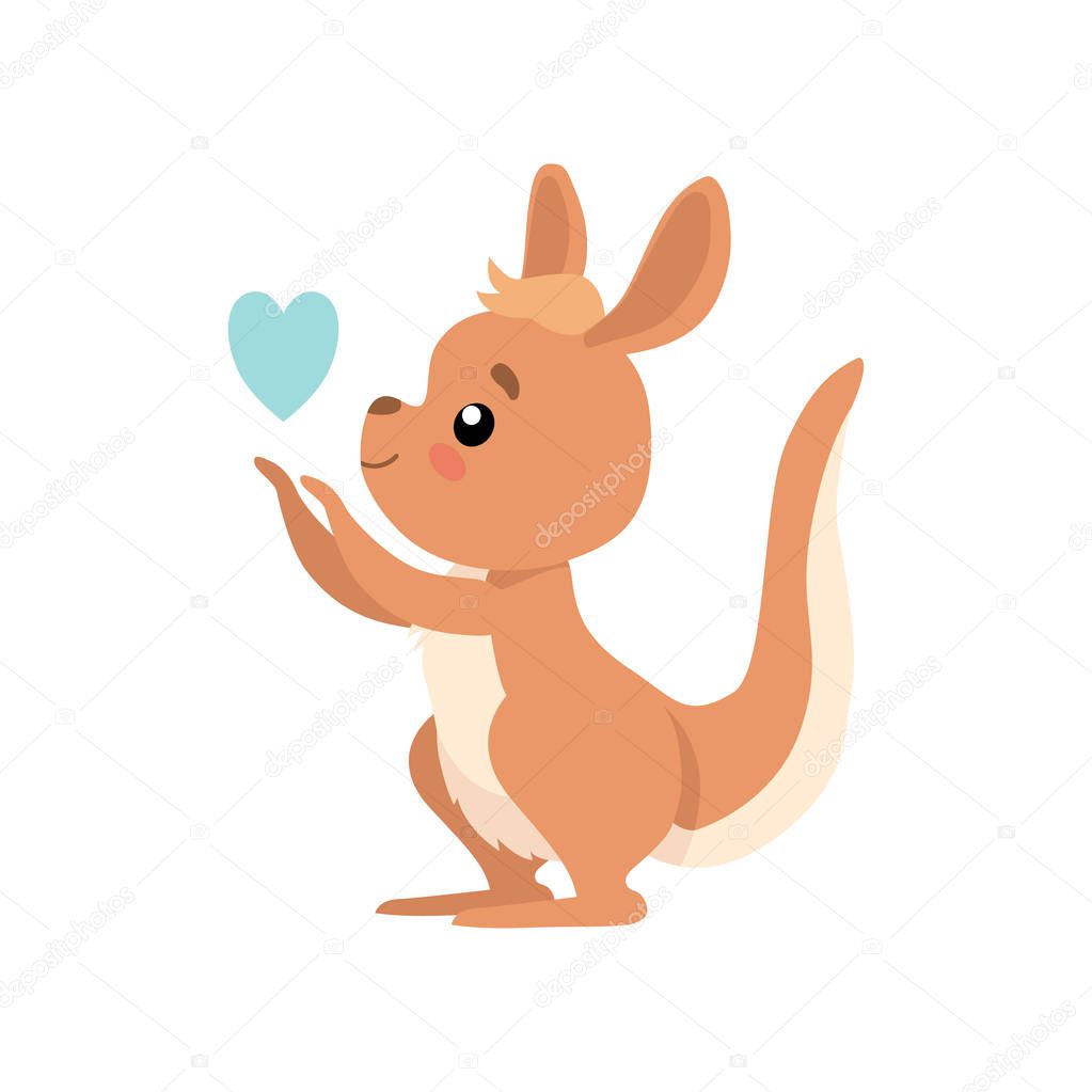 Cute Baby Kangaroo with Heart, Brown Wallaby Australian Animal Character Vector Illustration