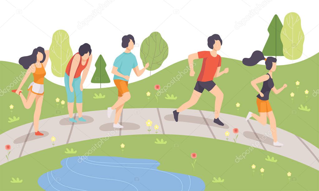 People Running in Park, Young Men and Women Doing Physical Activities Outdoors, Healthy Lifestyle and Fitness Vector Illustration