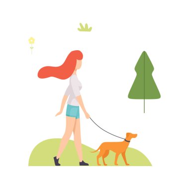 Onu köpek Park, rahatlatıcı ve doğa açık havada vektör çizim zevk kız ile yürüyen genç kadın