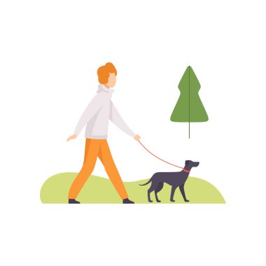 Park, rahatlatıcı ve doğa açık havada vektör çizim zevk kız köpeğiyle yürüyen genç adam