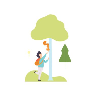 Yürüyüş ve sincap yaz Park, rahatlatıcı ve doğa açık havada vektör çizim zevk kız besleme yakışıklı