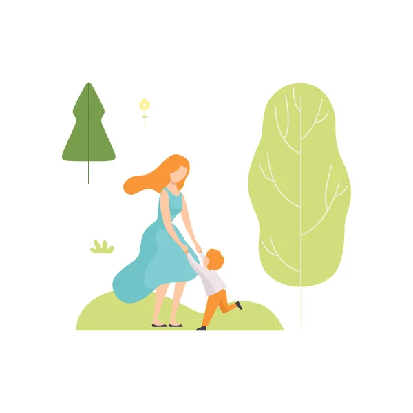 母亲和她的儿子在夏季公园的乐趣, 年轻的妇女和男孩放松和享受自然户外向量插图 — 图库矢量图片