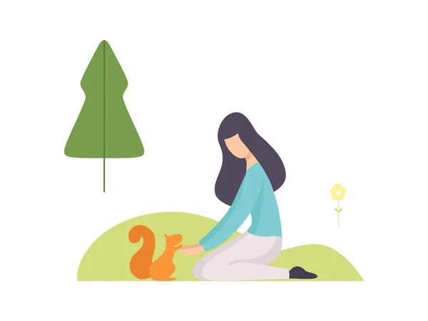 Junge Frau füttert Eichhörnchen im Sommerpark, Mädchen entspannen sich und genießen die Natur im Freien Vektor Illustration — Stockvektor
