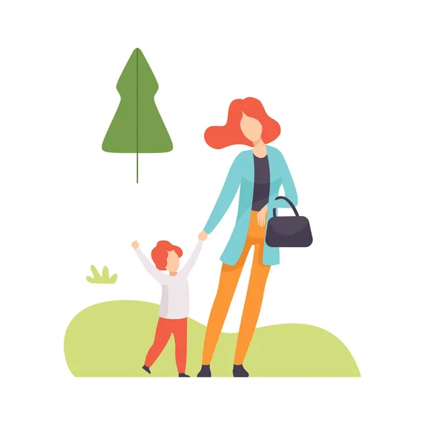 Mère et son fils marchent dans le parc d'été, jeune femme et garçon se détendent et apprécient la nature en plein air Illustration vectorielle — Image vectorielle