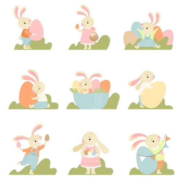 Колекція милий зайчики, одягнені в солодка одягу з барвисті яйця, щасливої Пасхи, елемент дизайну для листівки, запрошення, плакат, банер Векторні ілюстрації — стоковий вектор