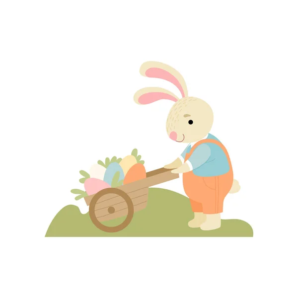 Schattige Bunny duwen houten kar vol versierde eieren, Happy Easter, ontwerpelement voor wenskaart, uitnodiging, Poster, Banner vectorillustratie — Stockvector