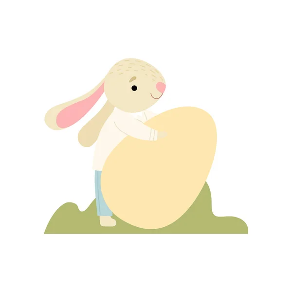 Happy Cute Bunny Carrying Big Egg, Happy Easter, Design Element for Greeting Card, Invitation, Poster, Banner Vector Illustration — Stock Vector