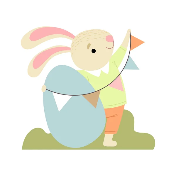 Šťastný roztomilý zajíček s vejcem a strany vlajky, Veselé Velikonoce, Design Element pro blahopřání, pozvánky, plakátu, nápisu vektorové ilustrace — Stockový vektor